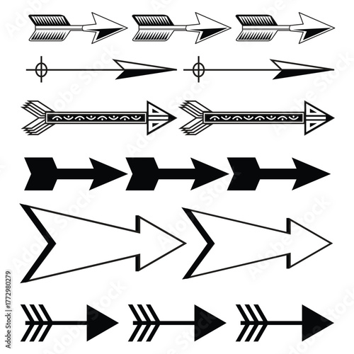 Collection of various arrows and arrowheads in black and white design