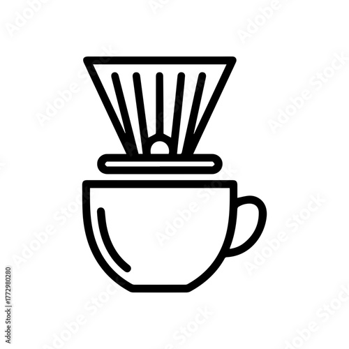 Minimalist black outline icon of a coffee dripper placed on a cup, symbolizing pour-over coffee brewing with clean geometric lines on a white background, ideal for modern design use.