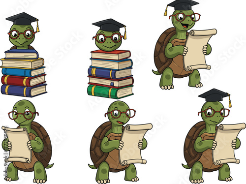 Cute cartoon turtle scholar reading diploma and standing on books, graduation cap and glasses, education illustration on white background