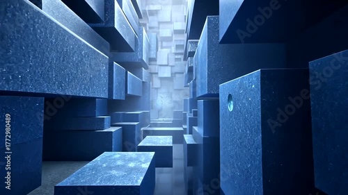 An abstract, perspective pathway of blue textured geometric blocks