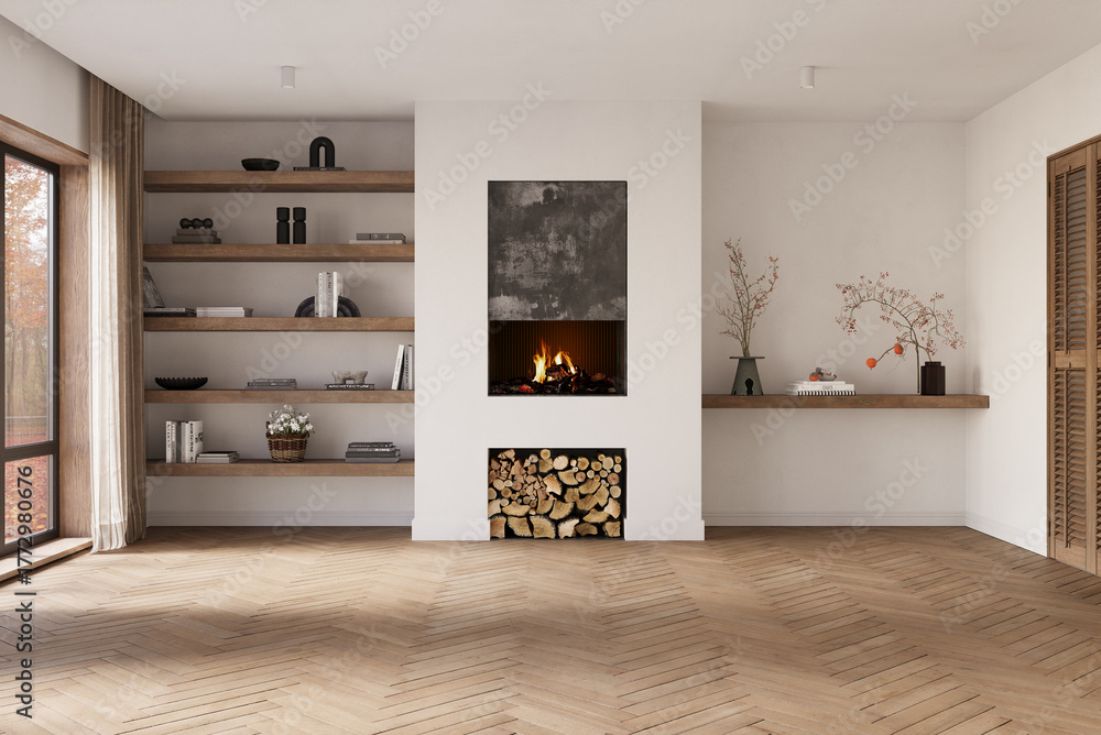 Fototapeta premium Minimalist living room interior with modern fireplace and white walls. Interior mockup, 3d render 