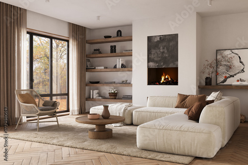 Minimalist living room interior with modern fireplace and white walls. Interior mockup, 3d render	