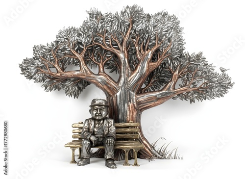 Metallic sculpture of old man sitting on park bench beneath large tree with detailed leaves symbolizing wisdom solitude aging and reflection in artistic narrative form