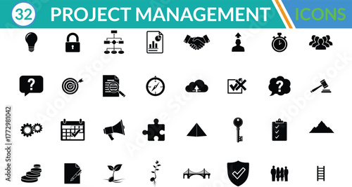 Project Management silhouette icon set. Including Lightbulb, Lock, Hierarchy, Document, Handshake, Chess Piece, Stopwatch, Team, Question Mark, Target . Vector silhouette illustration.