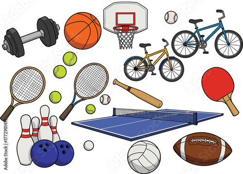 Set of various sports equipment including tennis rackets, basketball hoop, bicycle, baseball bat, table tennis, volleyball, football, and dumbbell