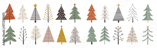 Collection of hand-drawn Christmas trees in various styles and colors with decorative elements like stars and dots