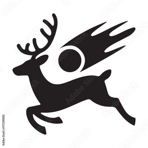 Black reindeer silhouettes standing and leaping white antlers