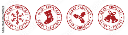Four Red Christmas Stamps Featuring Snowflake Stocking Holly and Bells merry christmas seal