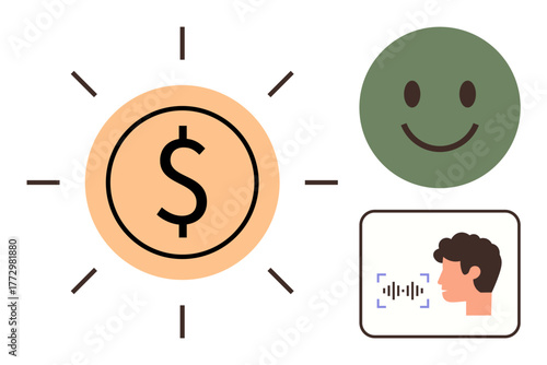 Dollar coin radiating light, green happy face, and voice recognition interface with human profile. Ideal for finance, positivity, technology, communication, innovation, business strategies customer