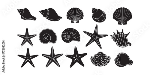 Set of different black sea shells and starfish silhouette vector.
