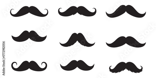 "A collection of 30 unique mustache silhouettes in black on white background, classic, modern, curly, handlebar, vintage and cartoon styles, centered and evenly spaced"	
