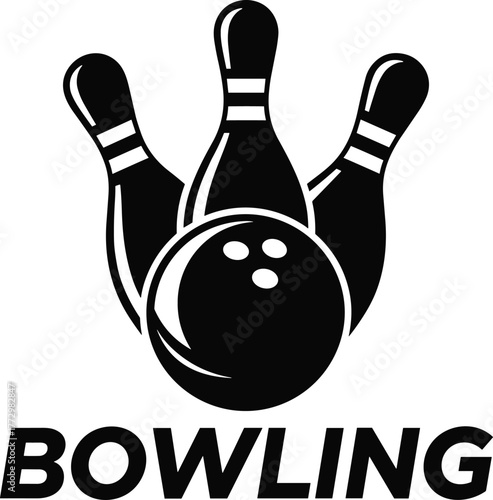 Black and white bowling logo design with ball and pins, minimalist sports illustration, vector icon for competition, club, or branding concept