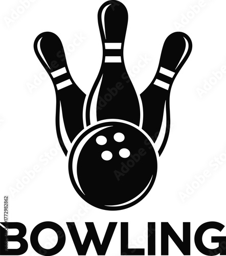 Black and white bowling logo design with ball and pins, minimalist sports illustration, vector icon for competition, club, or branding concept