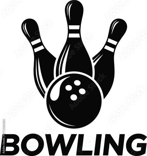 Black and white bowling logo design with ball and pins, minimalist sports illustration, vector icon for competition, club, or branding concept
