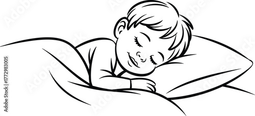 Black and white illustration of a baby sleeping peacefully on a pillow