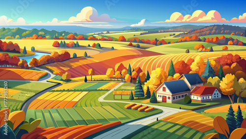 Very beautiful aerial view of the Midwest USA in autumn, showing colorful farmlands, golden fields, and rural countryside landscapes under a crisp blue sky—an enchanting seasonal panorama!