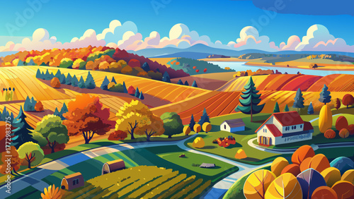 Very beautiful aerial view of the Midwest USA in autumn, showing colorful farmlands, golden fields, and rural countryside landscapes under a crisp blue sky—an enchanting seasonal panorama!