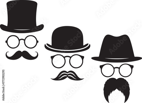 Black silhouettes of hats glasses and mustaches top hat bowler hat