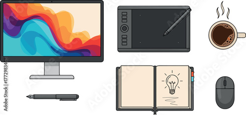 Digital workspace with computer, tablet, notebook, and coffee on transparent background