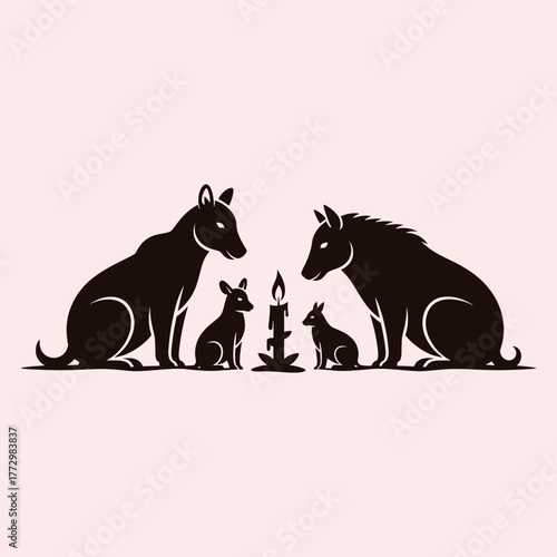 Two dogs and two puppies sitting around a lit candle on a pale pink background puppy animal