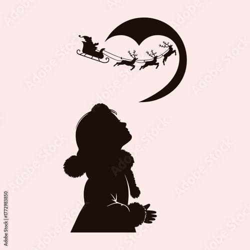 Silhouette of child looking up at Santa's sleigh and reindeer against a crescent moon christmas santa claus