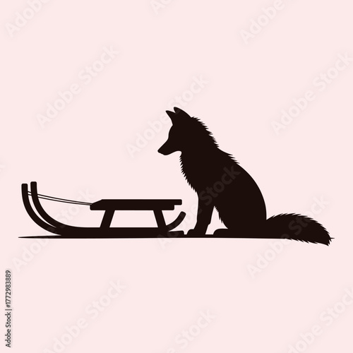 Black silhouette of a fox sitting next to a wooden sled on a light pink background winter animal
