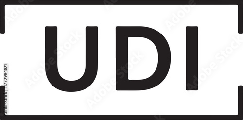 Bold black letters U D I inside a rectangular frame text typography