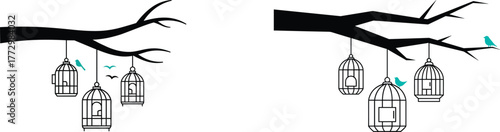 Minimalist Tree Branch with Hanging Birdcages and Birds Silhouette Vector Set