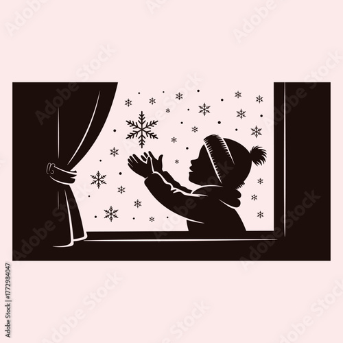 Silhouette of child in winter hat reaching for snowflake through window vector
