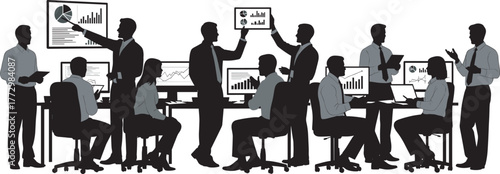 Business data analysis, teamwork collaboration, corporate strategy, financial presentation, office professionals, charts, graphs, meeting room, analytics, planning, technology, productivity