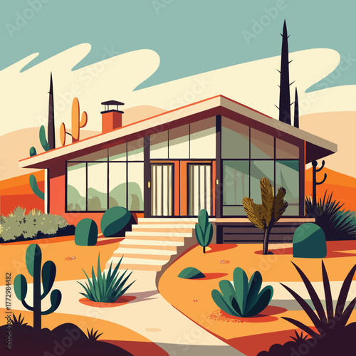 Mid century modern desert home with large glass windows