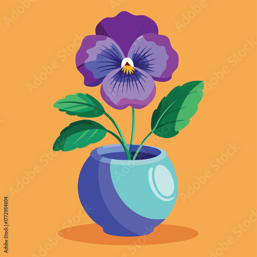 Vibrant purple pansy flower in a blue and teal pot