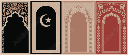 Elegant Islamic prayer mat collection with floral and geometric motifs, crescent moon design, mosque arch pattern, luxury decorative spiritual artwork