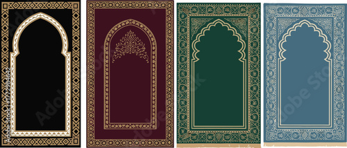 Traditional Islamic prayer mat collection with gold geometric borders, mosque arch patterns, elegant spiritual rug design, luxury Muslim decorative artwork