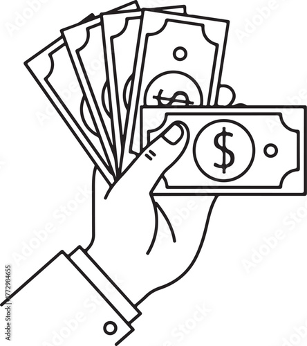 Hand holding fanned currency bills with dollar symbols vector