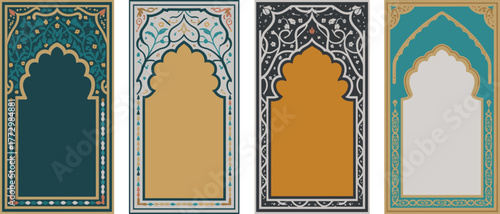 Set of ornate Islamic prayer mat designs with arabesque arches, gold and teal details, traditional mosque inspired decorative artwork