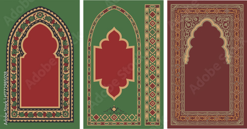 Traditional Islamic prayer mat designs with arabesque geometric patterns, mosque arch motifs, floral borders, red and green color decorative artwork