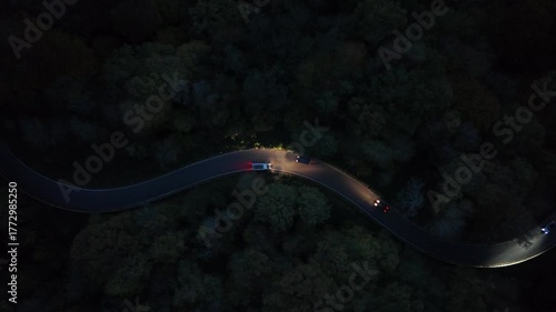 Curvy Forest Road at Night with Car Lights – Aerial View