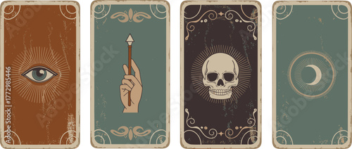 Vintage tarot card set with mystical symbols, eye, moon, skull, and hand illustrations, occult esoteric divination artwork with retro texture design