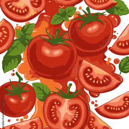 Red tomatoes with basil leaves in a seamless pattern with tomato juice splashes. Fresh, whole and sliced tomatoes arranged artistically with splashes of juice for a culinary design.