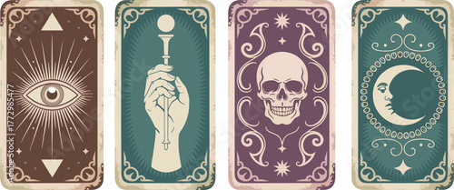 Vintage tarot card set with mystical symbols, eye, moon, skull, and hand illustrations, occult esoteric divination artwork with retro texture design