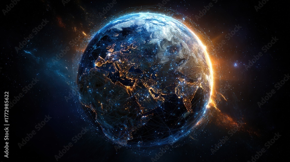 Obraz premium Global Connectivity: An illuminating image of Earth, encircled by an intricate network of interconnected nodes, symbolizes global communication and the seamless flow of data across continents.