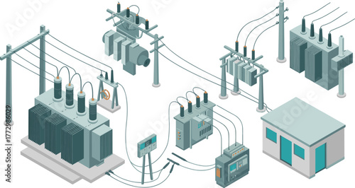 Isometric illustration of electrical power substation with transformers, high voltage lines, control room, and energy distribution infrastructure technology