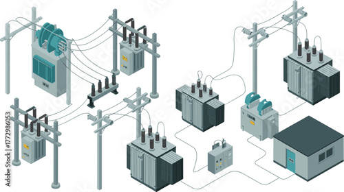 Isometric illustration of electrical power substation with transformers, high voltage lines, control room, and energy distribution infrastructure technology