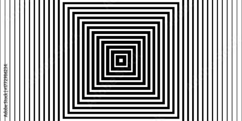 Minimal geometric optical illusion pattern with black concentric lines and abstract square design