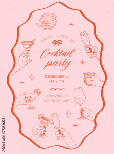 Cocktail party poster invitation template. Hand drawn doodle sketch. Hand holding champagne wine.