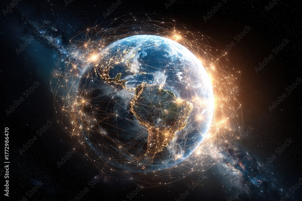 Obraz premium Global Connectivity: An illuminating image of Earth, encircled by an intricate network of interconnected nodes, symbolizes global communication and the seamless flow of data across continents.