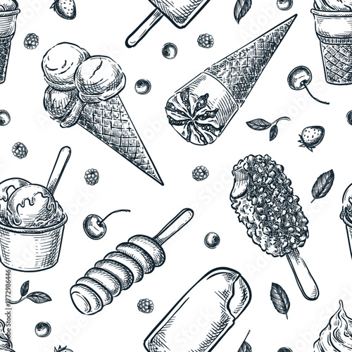 Ice cream seamless pattern. Vector hand drawn sketch design for summer print, food package, wrapping paper, textile