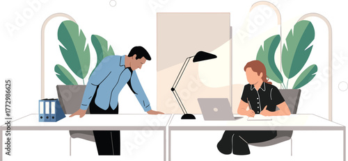 Modern office workspace illustration with employees working on computers, business teamwork concept, professional environment with desks, plants, and computers