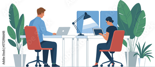 Modern office workspace illustration with employees working on computers, business teamwork concept, professional environment with desks, plants, and computers